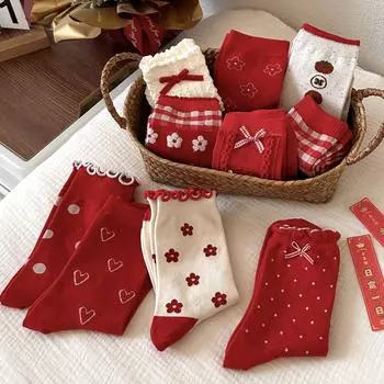 Знак на год рождения Большие красные новогодние носки женские Mori Bow Маленький цветок Любовь женские хлопковые носки средние носки-трубы average size