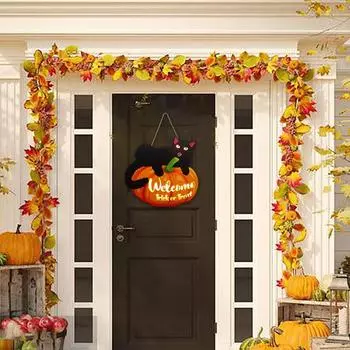 Знак на входную дверь в виде тыквы на Хэллоуин, светящийся черный кот, настенный знак «Сладость или гадость» для декора на дверь на Хэллоуин, для внутреннего и наружного использования