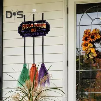 Знак парковки в виде метлы на Хэллоуин с 3 деревянными метлами ведьмы, подвесное украшение из цельного дерева, декоративный знак парковки в виде метлы на стену переднего крыльца A