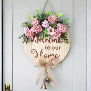 Знак приветствия Yousheng для входной двери, деревенский деревянный подвесной знак с искусственными цветами и колокольчиками, настенный декоративный знак ко Дню святого Валентина для крыльца дома или фермы розовый