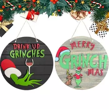 Знак приветствия, забавный знак Grinch_Welcome, венки для входной двери, деревянная подвесная табличка, декор крыльца, подвеска-гирлянда на стену One Size