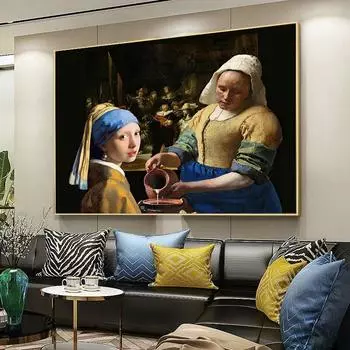 Знаменитая девушка с жемчужными серьгами Доярка Холст Картина маслом Классический настенный художественный постер и принты Домашний декор Картина 21*30cm