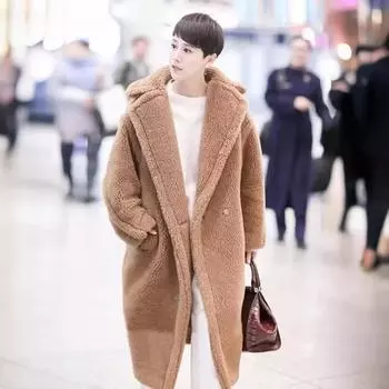 Знаменитое розовое пальто средней длины и с длинными лацканами из овечьей шерсти свободное пальто-кокон из искусственного меха для женщин S Recommended under 55kg чёрный