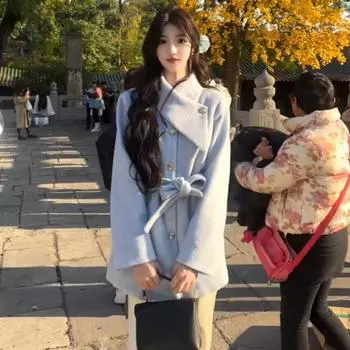 Знаменитость нежное miu галстук синее шерстяное пальто супер красивый темперамент ремень на талии шерстяное пальто зима S