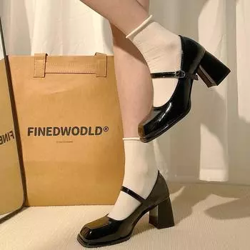 Знаменитость носит юбку и маленькие кожаные туфли, женские яркие кожаные туфли на высоком каблуке, весенние и летние туфли Мэри Джейн 34 чёрный