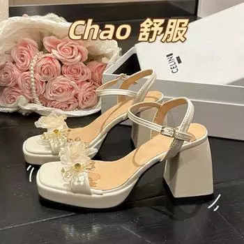 Знаменитость Xiaoxiangfeng с босоножками на тонком каблуке, весна-лето 2025, новые фиолетовые туфли на высоком каблуке со стразами и квадратной головкой 35 чёрный