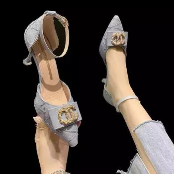 Знаменитые темпераментные синие туфли на высоком каблуке женские 21024C пряжка полые маленькие кожаные туфли юбка носить сандалии на высоком каблуке 34 синий