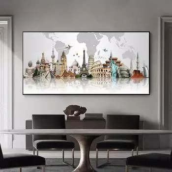 Знаменитые здания, туристические достопримечательности мира, карта, холст, живопись, постеры и принты, настенная художественная картина для декора гостиной, Куадрос 21*30cm