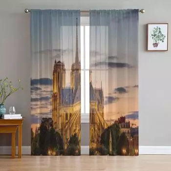 Знаменитый Собор Парижской Богоматери в Париже на рассвете Шифоновые прозрачные шторы для гостиной, спальни, оконные вуали, тюль, занавески 135W x 114H(cm)