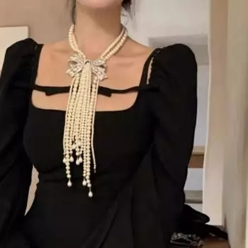 Знаменитый стиль высококачественный бант жемчужное ожерелье с кисточками банкетное подиумное платье аксессуары для женщин