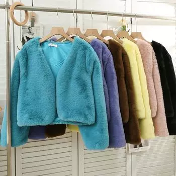 Знаменитый стиль зимняя одежда мода однотонный без пряжек иностранный стиль теплое пушистое мягкое короткое пальто синий черный S синий