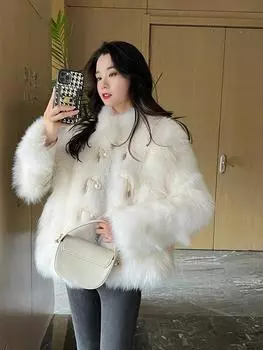 Знаменитый темперамент белый жемчужный пряжка экологически чистый мех искусственный лисьий мех воротник стойка короткий Mao Mao зимнее новое пальто женщины S белый