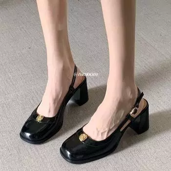 Знаменитый темперамент Мэри Джейн Одиночные туфли Женские туфли Камелия на высоком каблуке Маленькие кожаные туфли Юбка Одежда Сандалии на высоком каблуке 35 чёрный