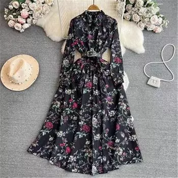 Знаменитый темперамент с длинными рукавами и лацканами, тонкая талия, А-силуэт, принтованное платье-рубашка, элегантное L чёрный