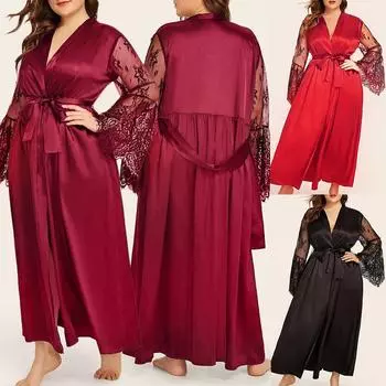 ZNU женская кружевная длинная ночная рубашка больших размеров с галстуком-бабочкой и длинными рукавами в стиле пэчворк, однотонная сексуальная домашняя одежда 5xl 2XL чёрный