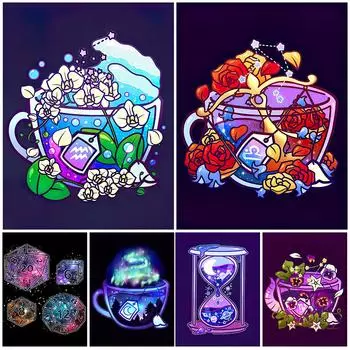 Зодиакальная чайная чашка Ретро настенная живопись маслом Таинственные песочные часы и чашка чая с синей луной Художественный постер 21cm30cm NoFrame