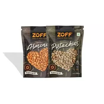 Zoff Сухофруктовый комбо: Питательные деликатесы | Упаковка из 2 шт.* по 250 г | Миндаль и фисташки | Премиальный пакет с застежкой-молнией | Вес нетто - 500 г