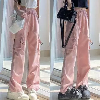 Zoki, розовые уличные брюки-карго, женские свободные брюки Harajuku Y2K, прямые брюки в американском стиле ретро, хип-хоп, повседневные широкие брюки Bf, новинка XS чёрный