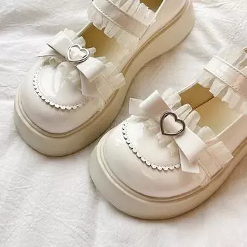Zoki Sweet Lace Bowknot Lolita Shoes Women 2024 Heart Buckle Platform Mary Janes Woman Cute Thick Bottom Non-Slip Jk Shoes 35 бежевый