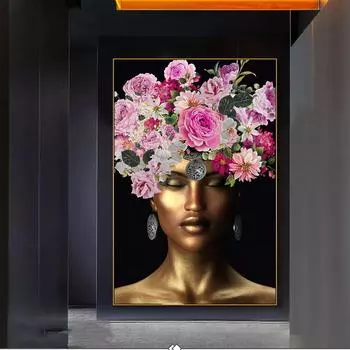 Золотая африканская женщина, холст, художественные постеры и принты, макияж, цветы, голова, черная женщина, картины на стене, художественные фотографии, домашний декор 21x30 No Frame