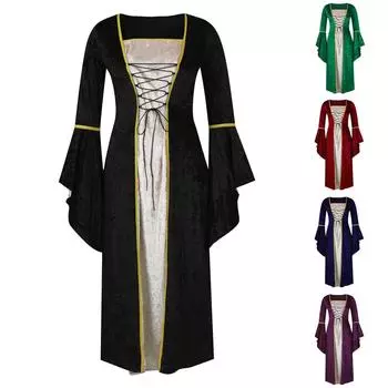 Золотая бархатная длинная юбка длиной до пола в европейском стиле с рукавами-колокольчиками для женщин XL зелёный