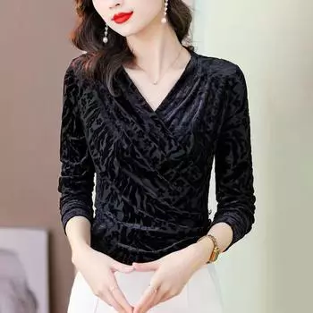 Золотая бархатная футболка женская с длинными рукавами нижняя рубашка весна и осень новое платье для мам модный иностранный крест V-образный вырез внутренний топ XL чёрный