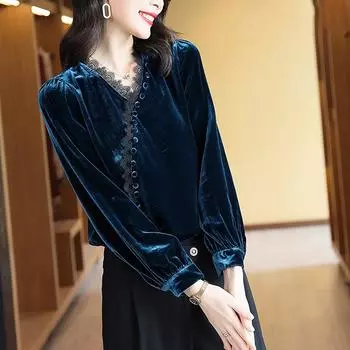Золотая бархатная нижняя рубашка женская весна и осень кружево V-образный вырез свободная мода шелковая блузка женская XXXL синий