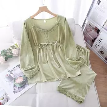 Золотая бархатная пижама из двух частей для женщин, осень и зима, однотонная кружевная сексуальная теплая домашняя одежда, пижама в корейском стиле M синий