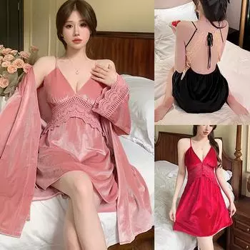 Золотая бархатная пижама из двух частей, женский осенне-зимний халат с длинными рукавами, сексуальная кружевная пижама на бретельках, ночные рубашки, домашняя одежда M чёрный