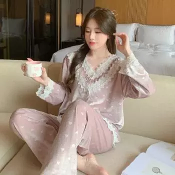 Золотая бархатная пижама женская весна-осень новая модная милая пижамная одежда из чистого кружева с длинными рукавами домашняя одежда комплекты из двух предметов M