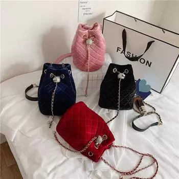 Золотая бархатная сумка-ведро женская сумка через плечо 2024 новая корейская версия модная текстурированная сумка на плечо сумка с цепочкой в виде ромба красный