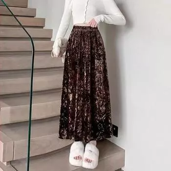 Золотая бархатная юбка осень ретро 2024 года, новинка осени и зимы, тонкая юбка А-образного силуэта с высокой талией, длинная юбка S чёрный