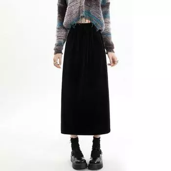 Золотая бархатная юбка с разрезом, женская осенне-зимняя утолщенная трапециевидная юбка на флисовой подкладке с высокой талией, элегантная винтажная свободная юбка-миди XL чёрный