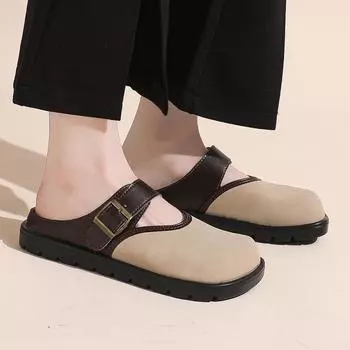 Золотая цепочка женские тапочки закрытый носок слипоны мюли обувь новый брендовый дизайн круглый носок низкий каблук повседневные шлепанцы шлепанцы большой размер 35 коричневый