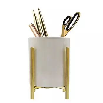 Золотая чашка для карандашей, прочный держатель для карандашей, металлический каркас с белым керамическим органайзером для стола, держатели для кухонной техники, офисные аксессуары