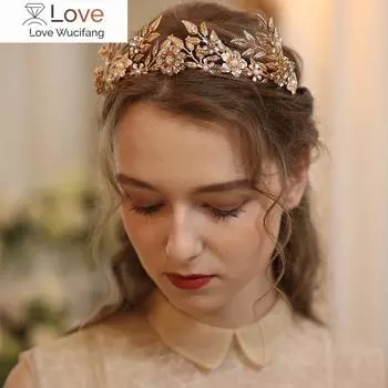 Золотая цветная листовая тиара свадебная венок для волос цветочная свадебная повязка на голову ручной работы женские тиары для волос на выпускной бал width 14cm