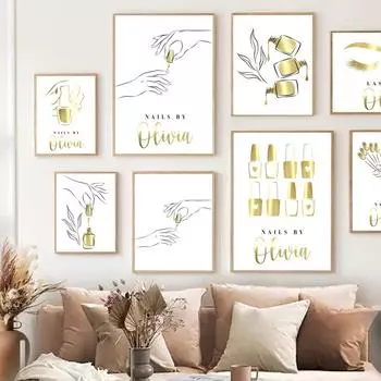 Золотая фольга для ногтей, плакаты с ресницами и принты, лак для ногтей, подарок, студия красоты, косметолог, салон, настенная живопись на холсте, декор для комнаты A4 21X30cm No Framed