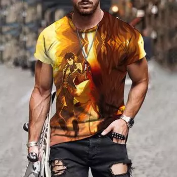 Золотая футболка Harajuku Великолепная мужская аниме-мультфильм с коротким рукавом и круглым вырезом XS