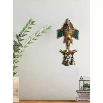 Золотая и цветная каменная работа Ручной работы Настенное украшение Господь Ганеша Латунная дия на 3 фитиля с 3 колокольчиками - Дизайнерская дия, Дипам для дома