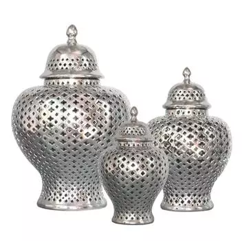 Золотая и серебряная керамическая ваза, банка для хранения конфет, горшок для сухоцветов с крышкой, полая банка для хранения в стиле барокко, поделки, ретро-украшение для дома