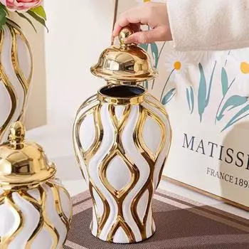 Золотая керамическая банка для имбиря, банка для хранения с геометрическим узором, керамические изделия, украшения, аксессуары для украшения дома, керамическая банка