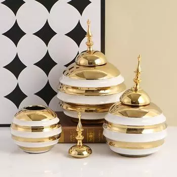 Золотая керамическая ваза, банка для имбиря, банка для хранения, винтажная фарфоровая ваза, емкость для хранения с заостренной крышкой, ваза для цветов, обеденный стол, украшение для дома