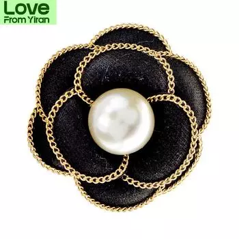 Золотая линия Камелия Жемчужина Цветок Брошь Черно-белый Цвет Тканевая Заколка Модные Украшения Свадебные Аксессуары белый
