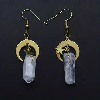 Золотая луна, пентаграмма, декор из натурального камня, висячие серьги, элегантный стиль, ювелирные изделия из сплава, нежный женский подарок