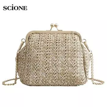 Золотая маленькая сумка для рта, женская сумка-мессенджер с цепочкой на плечо, модная соломенная сумка с зажимом для рта 17cm*10cm*15cm белый