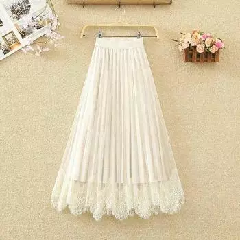 Золотая плиссированная юбка, женская осенне-зимняя новая тонкая юбка трапециевидной формы с высокой талией средней длины, кружевная сетчатая юбка женская S чёрный