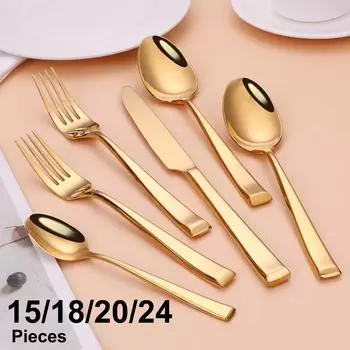 Золотая посуда из нержавеющей стали 304, набор столовых приборов, зеркальный серебряный обеденный сервиз, кухонная утварь, черный нож, вилка, ложка, набор из 1/2/3/4 предметов 1 Set