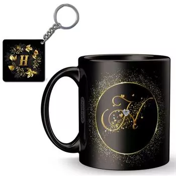 Золотая рамка с керамической кружкой с буквенным принтом H + брелок, подарок для любви, дня рождения, жены, мужа, (Н алфавит)