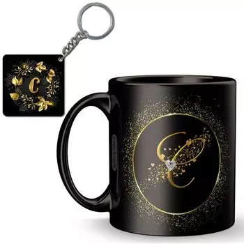 Золотая рамка с кружкой с буквенным принтом C + брелок, подарок для любви, дня рождения, жены, мужа, (С алфавит)