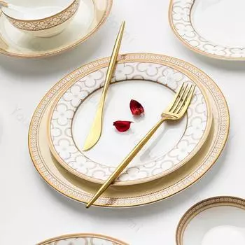 Золотая рамка Высококачественная обеденная тарелка Легкая роскошная креативная ресторанная керамическая тарелка для стейков Бытовая глубокая тарелка Суповая миска Столовая посуда